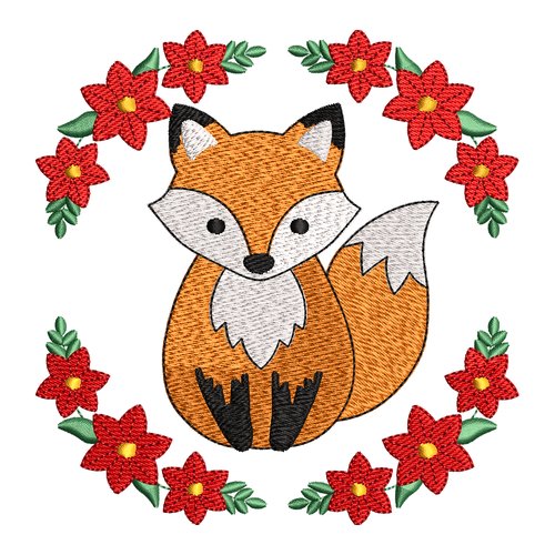 Broderie machine – renard roux dans une couronne de fleurs de noël