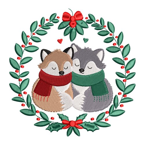 Couple de renards dans une couronne de noël – broderie machine