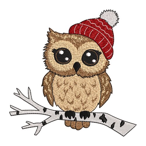 Broderie machine – chouette de noël avec bonnet rouge sur une branche de bouleau