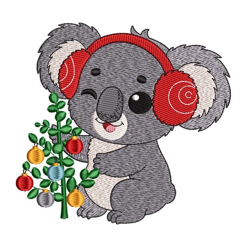 Broderie machine – koala de noël avec cache-oreilles rouges et branche décorée