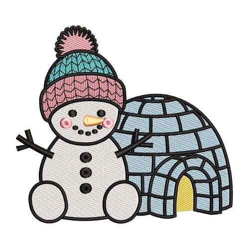 Broderie machine – bonhomme de neige et igloo enneigé
