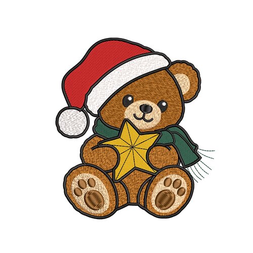 Broderie machine – ours de noël avec étoile dorée et bonnet de père noël
