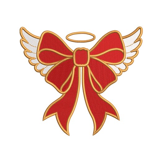 Broderie machine – nœud de noël rouge avec ailes d’ange et auréole dorée