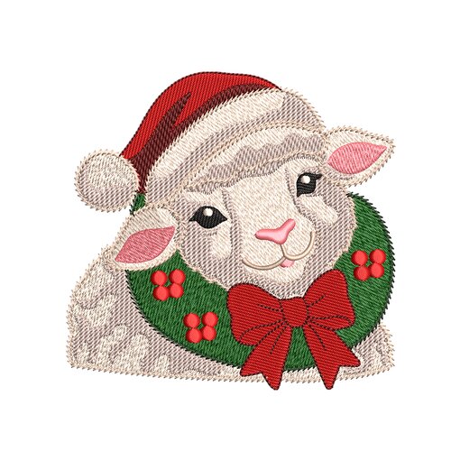 Broderie machine – mouton de noël avec couronne verte et nœud rouge