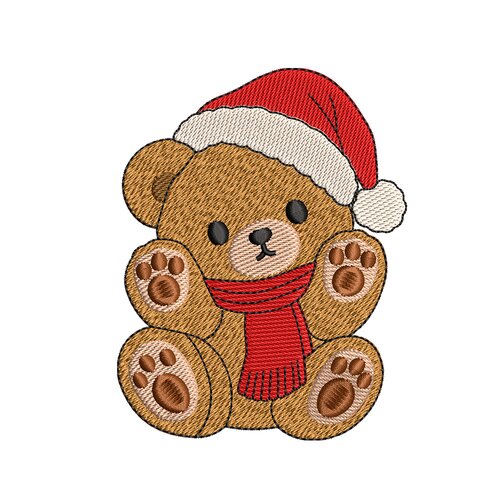 Broderie machine – ourson de noël avec bonnet de père noël et écharpe rouge
