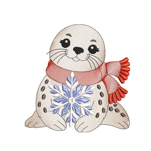 Broderie machine – bébé phoque avec flocon de neige et écharpe rouge