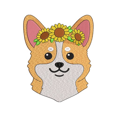 Broderie machine – corgi mignon avec couronne de tournesols