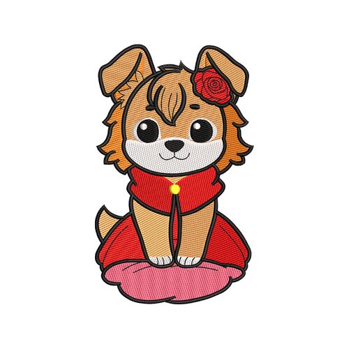 Broderie machine – adorable chiot roux avec rose rouge