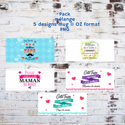 Pack 5 designs fichier numérique pour mug 11oz - pack  mélange papa, maman, nounou