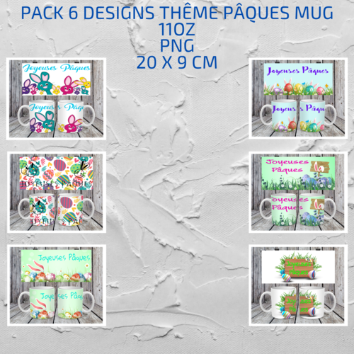 Pack 6 designs fichier numérique pour mug 11oz - pack thème joyeuses pâques