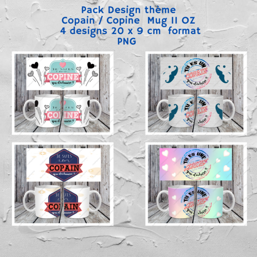 Pack 4 designs fichier numérique pour mug 11oz - pack thème copain/copine