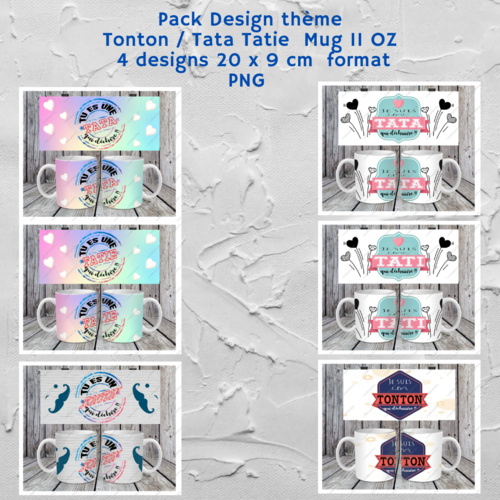 Pack 6 designs fichier numérique pour mug 11oz - pack thème  tonton/tata tatie