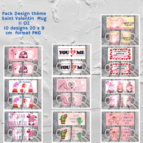 Pack 10  designs fichiers numérique pour mug 11oz thème saint valentin