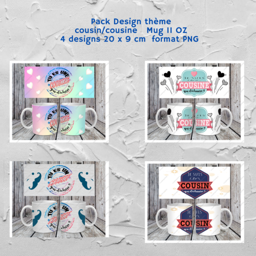 Pack 4 designs fichier numérique pour mug 11oz - pack thème cousin/cousine
