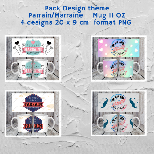 Pack 4 designs fichier numérique pour mug 11oz - pack thème parrain/marraine
