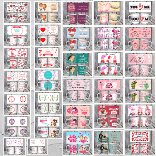 Pack complet 32  designs fichiers numérique pour mug 11oz thème saint valentin