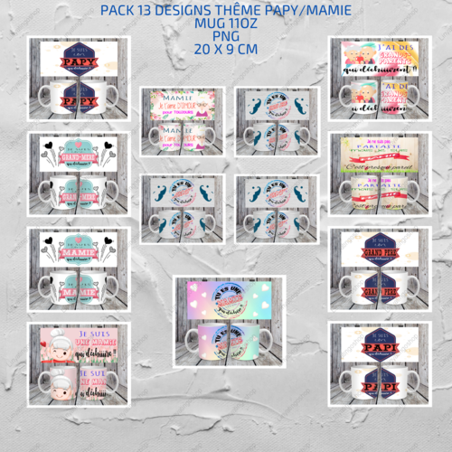 Pack complet 13 designs fichiers numérique pour mug 11oz thème mamie/papy
