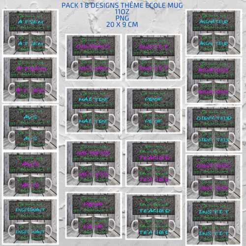 Pack complet 18 designs fichiers numérique pour mug 11oz thème ecole