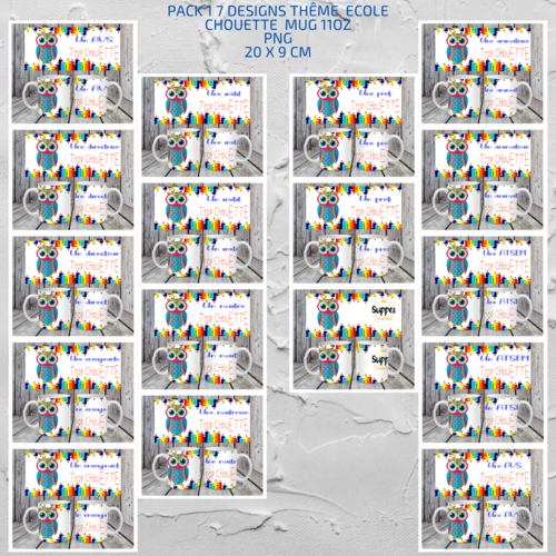 Pack complet 17 designs fichiers numérique pour mug 11oz thème ecole chouette