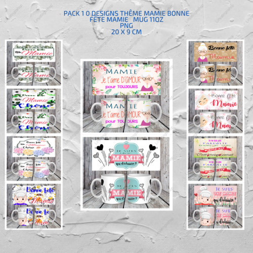 Pack complet 10 designs fichiers numérique pour mug 11oz thème bonne fête mamie