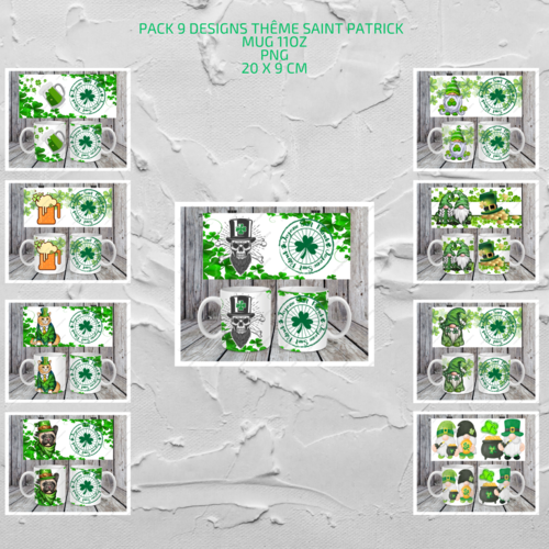 Pack complet 9 designs fichiers numériques pour mug 11oz thème saint patrick
