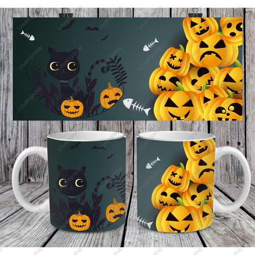 Modèle de sublimation  mug11oz  png  -  chat noir halloween   sublimation template tasse