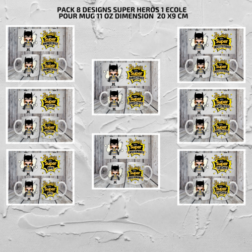 Pack 8 designs modèles de sublimation  pour mug11oz  png thème super héros 1 ècole