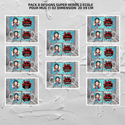Pack 8 designs modèles de sublimation  pour mug11oz  png thème super héros 2 ècole