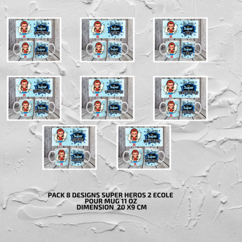 Pack 8 designs modèles de sublimation  pour mug11oz  png thème super héros 3 ècole