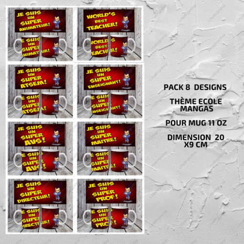 Pack 8 designs modèles de sublimation  pour mug11oz  png thème mangas ecole