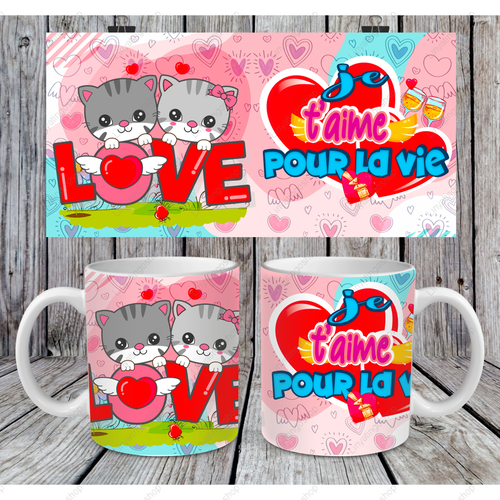 Modèle de sublimation  design template mug11oz  png je t'aime pour la vie deux chats