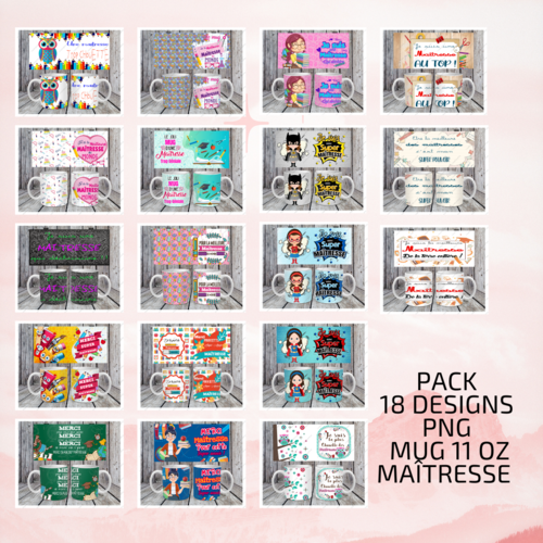 Modèle de sublimation  design template mug11oz  png pack 18 designs mug 11 oz thème maîtresse