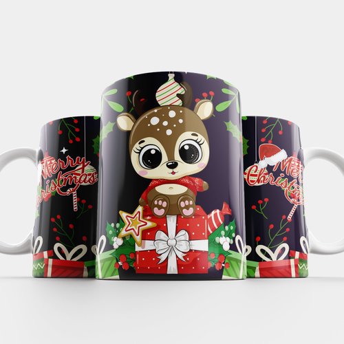 Modèle de sublimation  design template mug11oz  png noël biche merry christmas