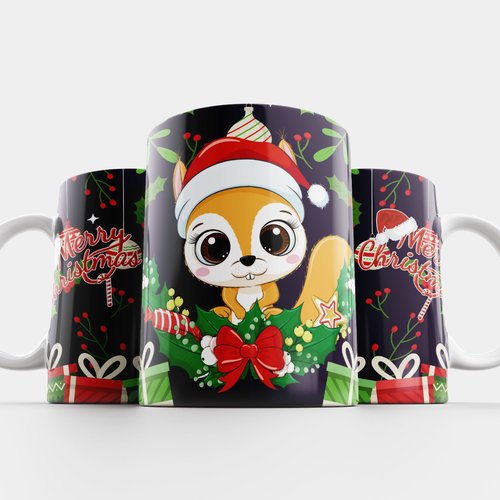 Modèle de sublimation  design template mug11oz  png noël écureuil merry christmas