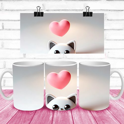Modèle de sublimation  design template mug11oz  png thème  saint valentin coeur petit chat
