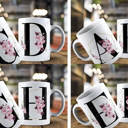 26 modèles  de tasses mugs designs sublimation thème alphabet floral