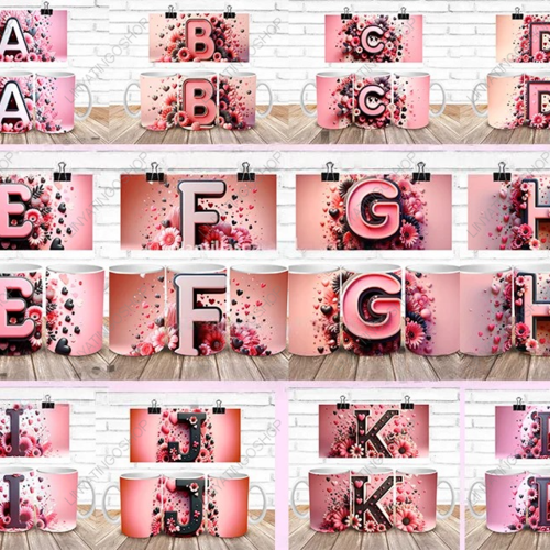 26 modèles  de tasses mugs designs sublimation thème alphabet floral rose