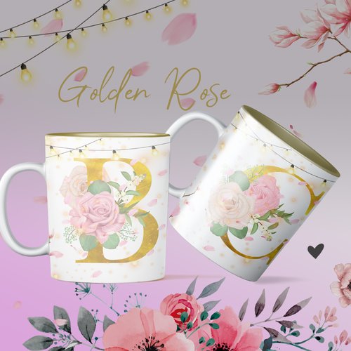 26 modèles  de tasses mugs designs sublimation thème alphabet floral golden
