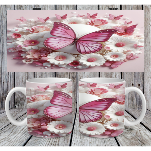 Modèle de sublimation  design template mug11oz  png thème fleurs papillons rose