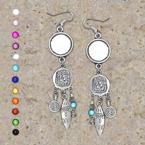 Boucles d'oreilles argentées support de cabochon rond 14 mm spirale, perle et navette