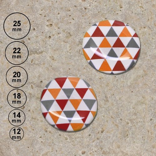 2 cabochons en résine impression triangles rouge orange gris 25, 22, 20,18,14, 12 mm