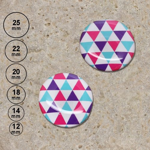 2 cabochons en résine impression triangles fuchsia violet bleu 25, 22, 20,18,14, 12 mm