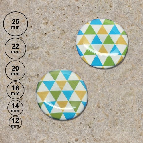 2 cabochons en résine impression triangles vert jaune bleu 25, 22, 20,18,14, 12 mm