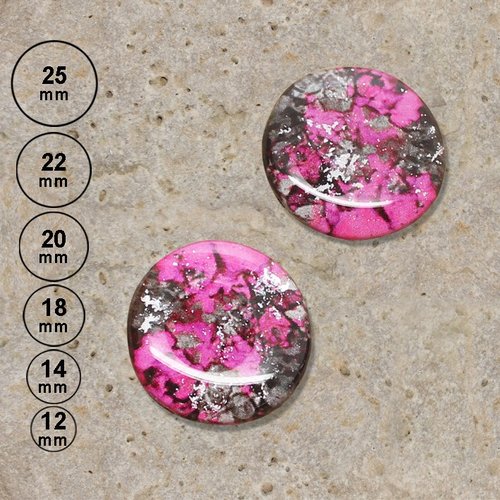 2 cabochons peinture à effet, rose, gris, argent 25, 22, 20, 18, 14, 12 mm