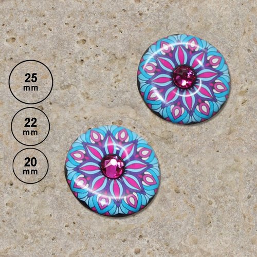 2 cabochons rond en résine impression kaléidoscope turquoise strass, 25, 22, 20 mm