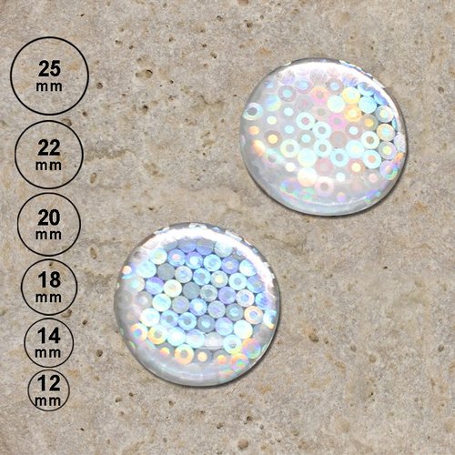 2 cabochons ronds holographique, blanc 25, 22, 20,18,14, 12 mm