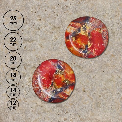 2 cabochons en résine impression pierre gemmes orange or 25, 22, 20, 18, 14, 12 mm
