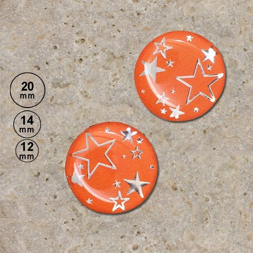 2 cabochons ronds en résine étoiles argent, orange 20, 14, 12 mm