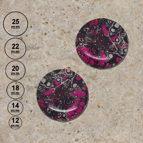 2 cabochons en résine motif marbling,fuchsia 25, 22, 20,18,14, 12 mm