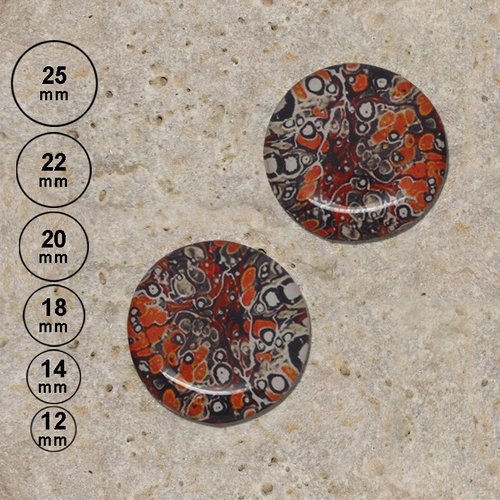 2 cabochons en résine motif marbling, orange 25, 22, 20,18,14, 12 mm